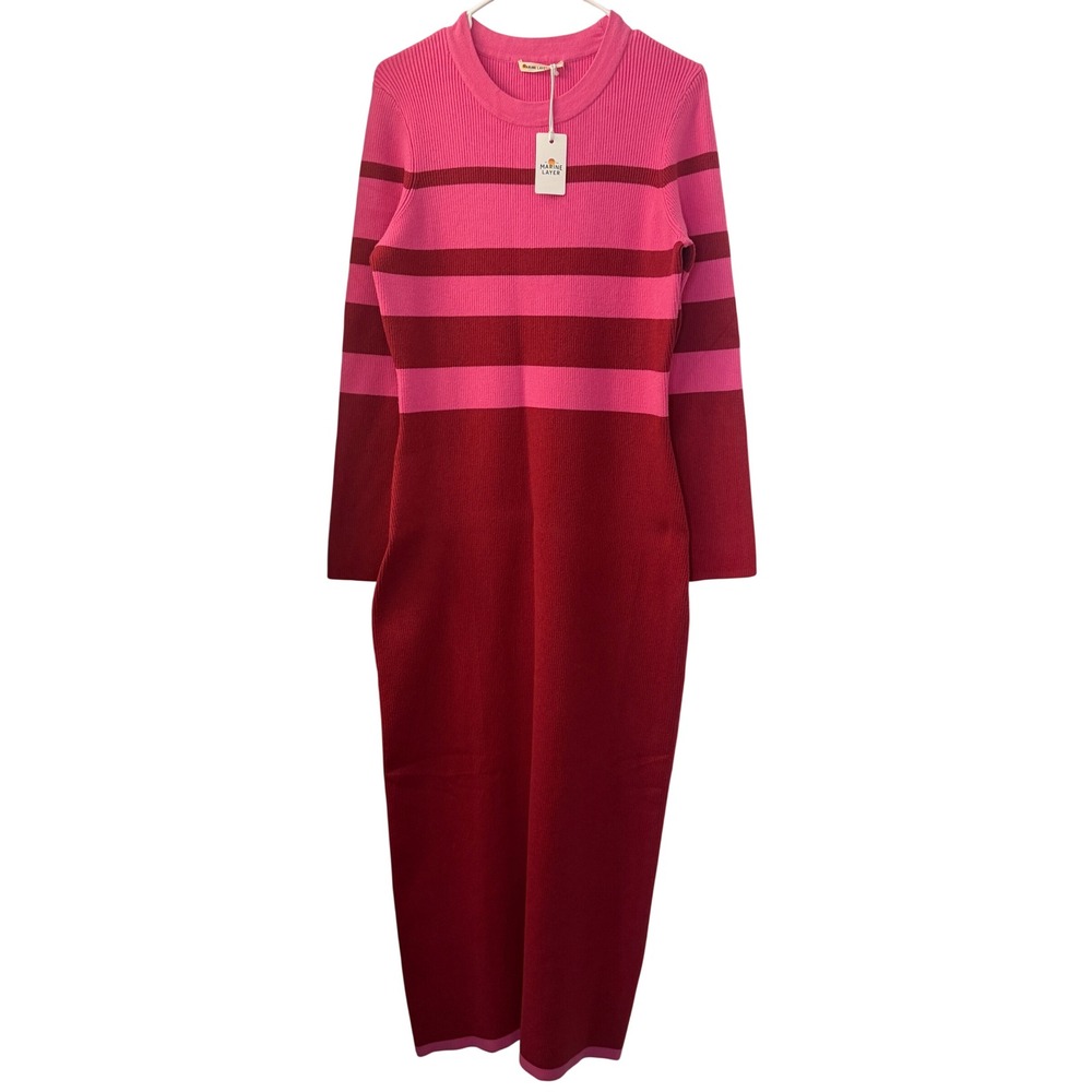 Marine Layer Lexi Rib Sweater Dress Pink Red Stripe Long Sleeve Maxi Large NWT